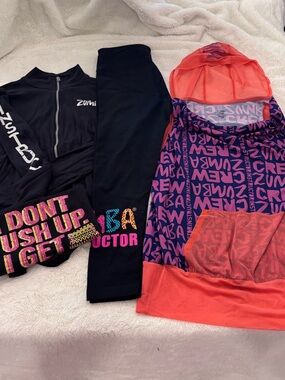 Zumba Instructor lot. Black Jacket & Leggings with Coral and Purple Logo Hoodie